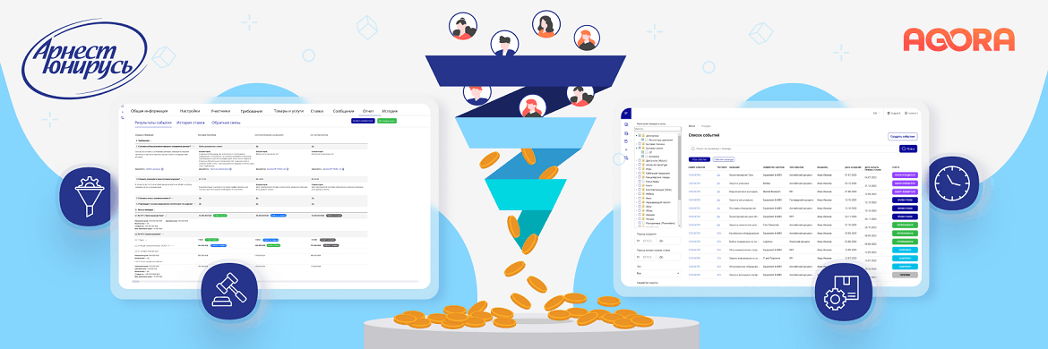 Sourcing-модуль AGORA для Арнест ЮниРусь — интерфейс управления тендерами и список событий
